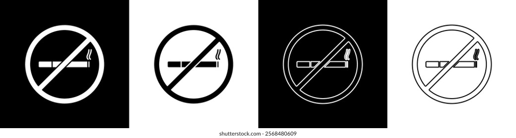 Set No Smoking icon isolated on black and white background. Cigarette symbol.  Vector Illustration