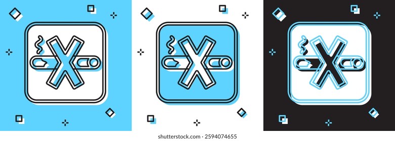 Set No Smoking icon isolated on blue and white, black background. Cigarette symbol.  Vector
