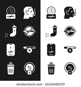 Set No smoking, Inhaler, time, Man cigarette, Stop money saving and Trash can icon. Vector