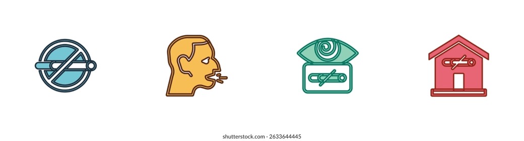 Set No smoking, Man coughing, Hypnosis and at home icon. Vector
