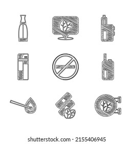 Set No smoking, Medical nicotine patches, Tobacco leaf shop, Electronic cigarette, Burning match with fire, Lighter, Vape mod device and liquid bottle icon. Vector