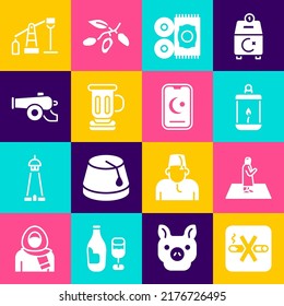 Set No Smoking, Muslim man prays, Ramadan Kareem lantern, Traditional carpet, Medieval goblet, cannon, Oil pump or pump jack and Star and crescent icon. Vector