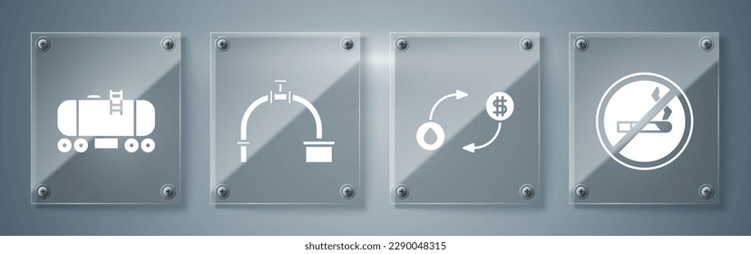 Set No Smoking, Oil exchange, Industry pipe and valve and Oil railway cistern. Square glass panels. Vector