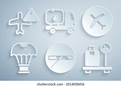 Set No Smoking, Plane, Box flying on parachute, Scale with suitcase, Fuel tanker truck and Warning aircraft icon. Vector