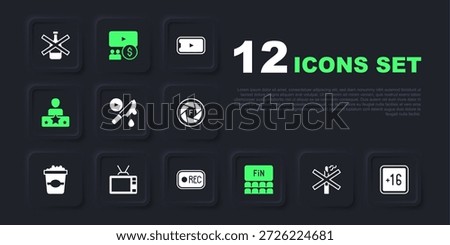 Set No smoking, Plus 16 movie, Thriller, Cinema auditorium with screen, Actor star, Retro tv,  and Record button icon. Vector