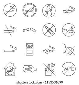 Set of no smoking Related Vector Line Icons. Contains such Icons as cigarettes, smoke, cigarette butt, prohibition, bad habits, cigars  and more.  