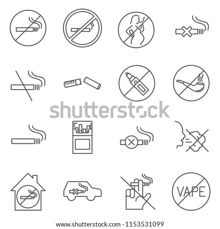 Set of no smoking Related Vector Line Icons. Contains such Icons as cigarettes, smoke, cigarette butt, prohibition, bad habits, cigars  and more.  