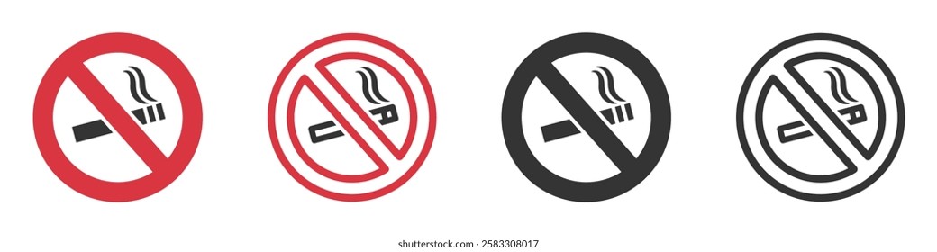 Set of no smoking signs. No smoking area warning sign, cigarette smoke forbidden. Ban tobacco symbols, prohibit nicotine icons. Vector illustration. EPS10.