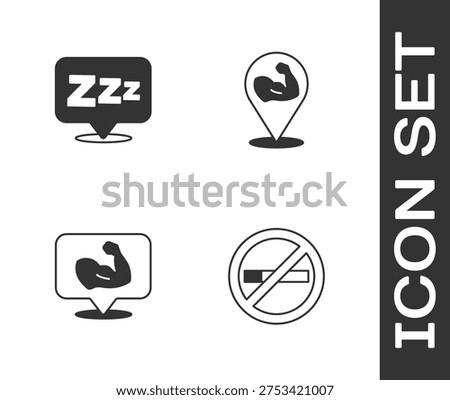 Set No Smoking, Sleepy, Bodybuilder muscle and  icon. Vector
