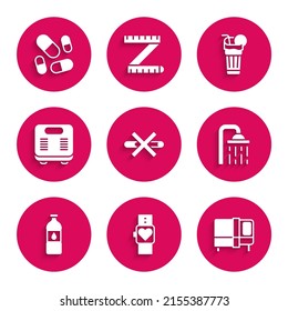 Set No Smoking, Smart watch, Bed, Shower head, Bottle of water, Bathroom scales, Fresh smoothie and Vitamin pill icon. Vector