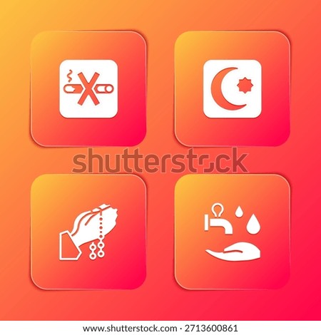 Set No Smoking, Star and crescent, Hands praying position and Wudhu icon. Vector