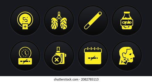 Set No smoking time, Nicotine gum blister pack, electronic cigarette, days, Cigarette, Disease lungs, Throat cancer and Stop smoking, money saving icon. Vector