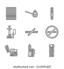 Set No smoking, Vape mod device, Lighter, Hookah, Cigar and Cigarette icon. Vector