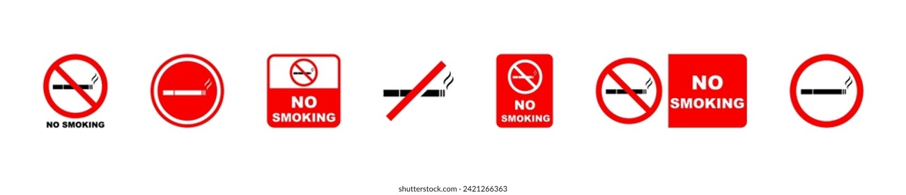 Set of no smoking vector icons. Stop smoke. Forbidden zone. Prohibit nicotine or tobacco.