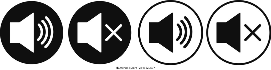 Conjunto sem som, ícone sem alto-falante. Ícones de som. sinal de ícone de som do alto-falante. Símbolo de Volume desligado. Ícones do modo silencioso
