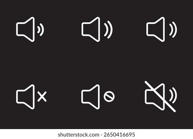 Conjunto sem som, ícone sem alto-falante. Ícones de som. sinal de ícone de som do alto-falante. Símbolo de Volume desligado. Ícones do modo silencioso