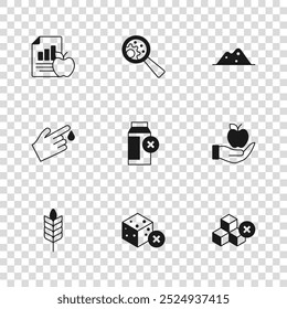 Set No sugar free, Apple, Lactose intolerance, Salt, Diet plan, GMO and Finger blood icon. Vector
