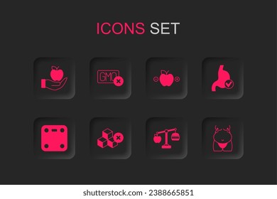 Set No sugar free, GMO, Apple, Calorie calculator, Human stomach health, Obesity,  and Bathroom scales icon. Vector