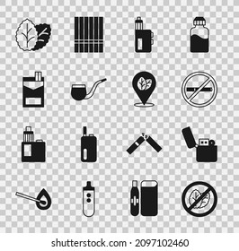 Sin hoja de tabaco, más ligero, fumador, dispositivo de mod de Vape, tubería, caja de cigarrillos, Tabaco e ícono. Vector