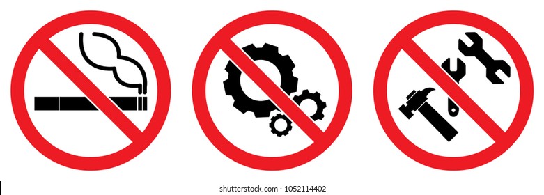 set no tool sign,gear or cog,smoking,wrench and hummer isolated on white background,warning label vector eps 10.