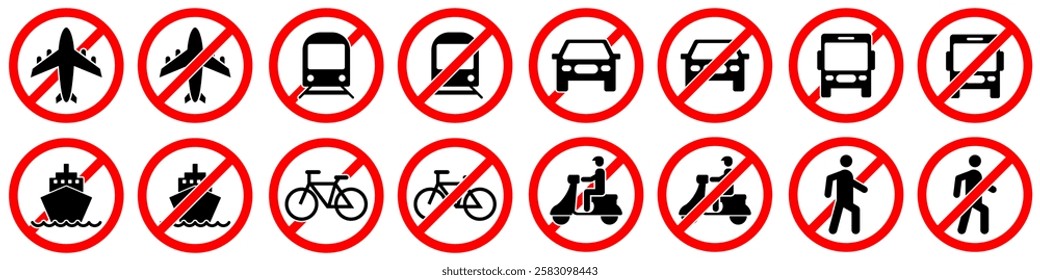 Set of no transport vector icons featuring various vehicles inside red circles with diagonal lines. Includes cars, buses, trains, bikes, and more. Ideal for signs or restrictions