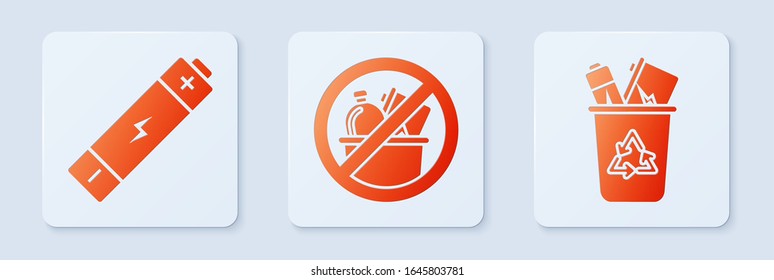 Set No trash, Battery and Recycle bin with recycle symbol. White square button. Vector