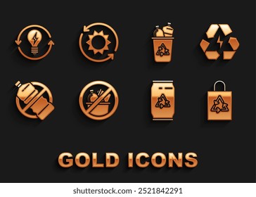 Set No trash, Battery with recycle symbol, Plastic bag, Can and can, plastic bottle, Recycle bin, light bulb lightning and Solar energy panel icon. Vector