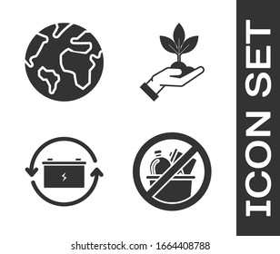 Setzen Sie keine Abfälle, Erdkugel, Batterie mit Recyclingsymbol und Plant in der Hand von Umweltschutz-Symbol. Vektorillustration