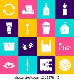 Set No trash, Ecology infographic, Bottle of liquid soap, Disposable plastic fork, Cream cosmetic tube, Refresh and Paper glass water icon. Vector