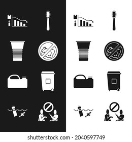 Set No trash, Paper glass, Ecology infographic, Disposable plastic spoon, Canister for machine oil, Trash can, Stop pollution and Problem of the ocean icon. Vector