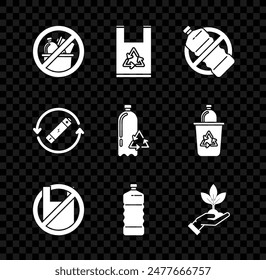 Set No trash, Plastic bag with recycle, plastic bottle, Say no to bags poster, Plant in hand of environmental protection, Battery symbol line and Recycling icon. Vector