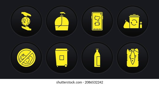 Set No trash, Recycle bin with recycle, Trash can, Lotion cosmetic tube, Megaphone mobile, Bottle of liquid soap, Stop ocean plastic pollution and Hands holding Earth globe icon. Vector