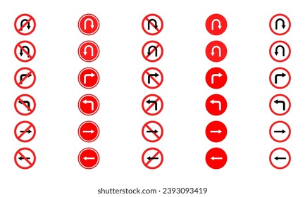 Keine Kurve und links und rechts drehen. Rote verbotene Straßenschilder mit Pfeilen. Warnung vor Verkehrszeichen für den Fahrer.