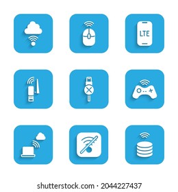 No ajustar cable usb, Internet Wi-Fi inalámbrico, servidor de datos inteligente, gamepad inalámbrico, conexión en nube de red, adaptador Usb, red LTE e icono. Vector