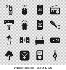 Set No usb cable cord, 5G internet sem fio, Microfone sem fio, rede LTE, Dados de tecnologia de nuvem, Ar condicionado, Móvel com wi-fi e ícone. Vetor