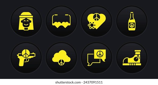 Set No war, Beer bottle, Peace cloud, Speech bubble chat, Love peace, Heart shaped love glasses, Sneakers and Hippie girl icon. Vector