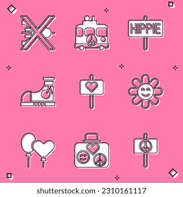 Set No war, Hippie camper van, Peace, Sneakers, Flower, Balloons and Suitcase for travel icon. Vector