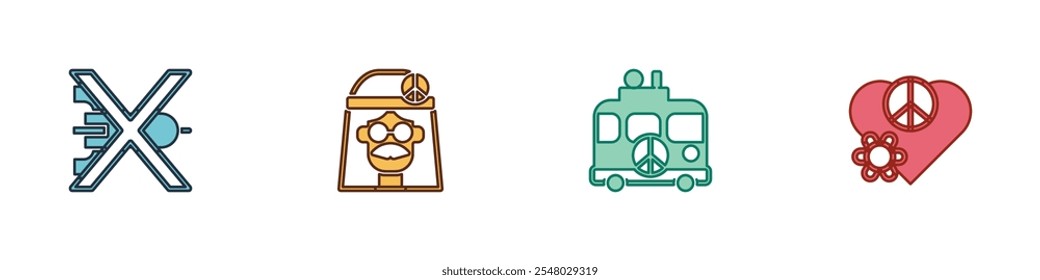 Set No war, Hippie girl, camper van and Love peace icon. Vector