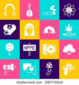 No hay guerra, nubes de paz, unión de marihuana, esquirlas, cigarrillos, hippie, amor por la paz, audífonos e ícono de tienda de turismo. Vector