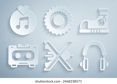 Set No war, Sneakers, Retro audio cassette tape, Headphones, Sun and Vinyl disk icon. Vector