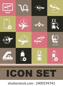 Set No water bottle, Airplane seat, Lost baggage, Plane, Flight time, cell phone,  and  icon. Vector