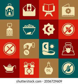 Set No water, Muslim man, alcohol, Holy book of Koran, Date fruit in bowl, Ramadan Kareem lantern,  and Octagonal star icon. Vector