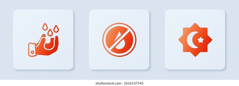 Set No water, Wudhu and Octagonal star. White square button. Vector