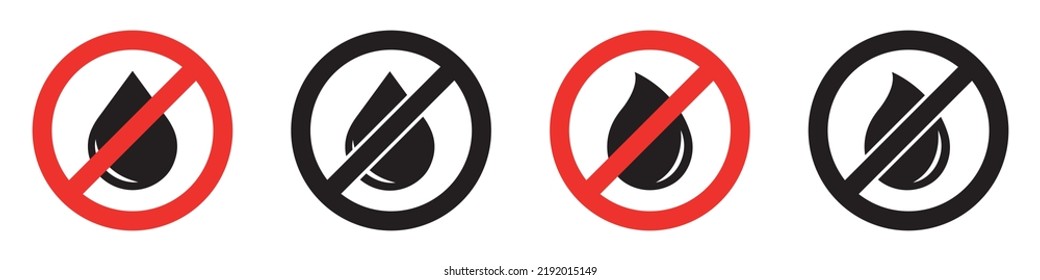 Juego de iconos de advertencia no impermeables. El agua deja señales prohibidas. Los líquidos están prohibidos. Ilustración vectorial.