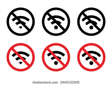 Set of no wifi sign icon. Wireless network with prohibition symbol