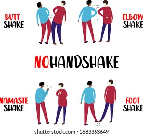 Set With Nohandshake. Namaste Handshake, Butt Shake, Foot Shake, Elbow Handshake Against The Spread Of Coronavirus. People Greeting Without Hands