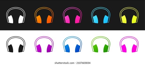 Set Noise canceling headphones icon isolated on black and white background. Headphones for ear protection from noise.  Vector