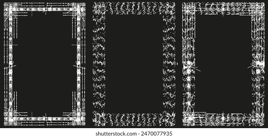 Set Noise Frame design isolated black background. Retro Grunge Grain Border template collection. Textured Vector graphic aesthetic. 