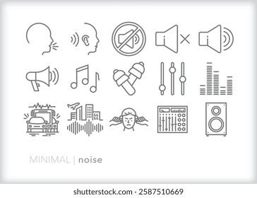 Set of noise icons representing speaking and hearing, noise levels, sound mixing, noise pollution, and audio settings