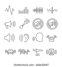 Set of noise Related Vector Line Icons. Contains such icon as sound, din, hum, hearing, sound waves, no noise sign, music, crashing, speaker